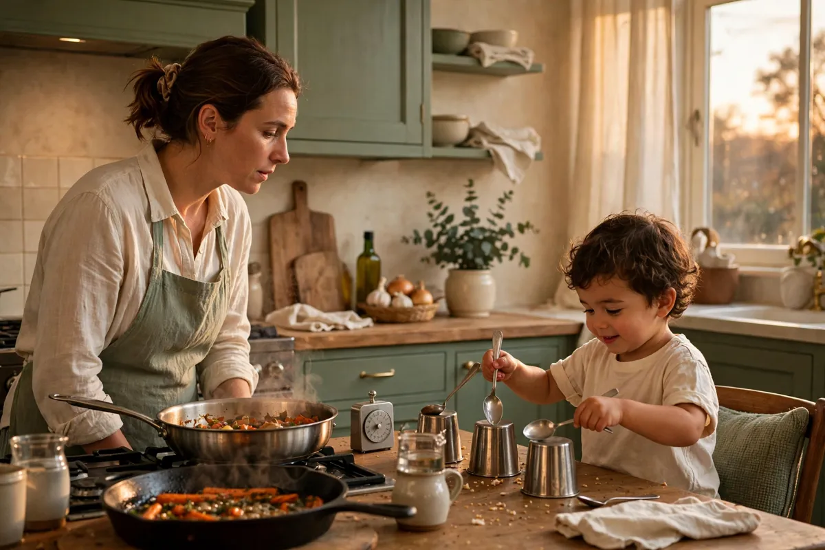 Parent cooking while her toddler plays a quick game at the kitchen table before dinner