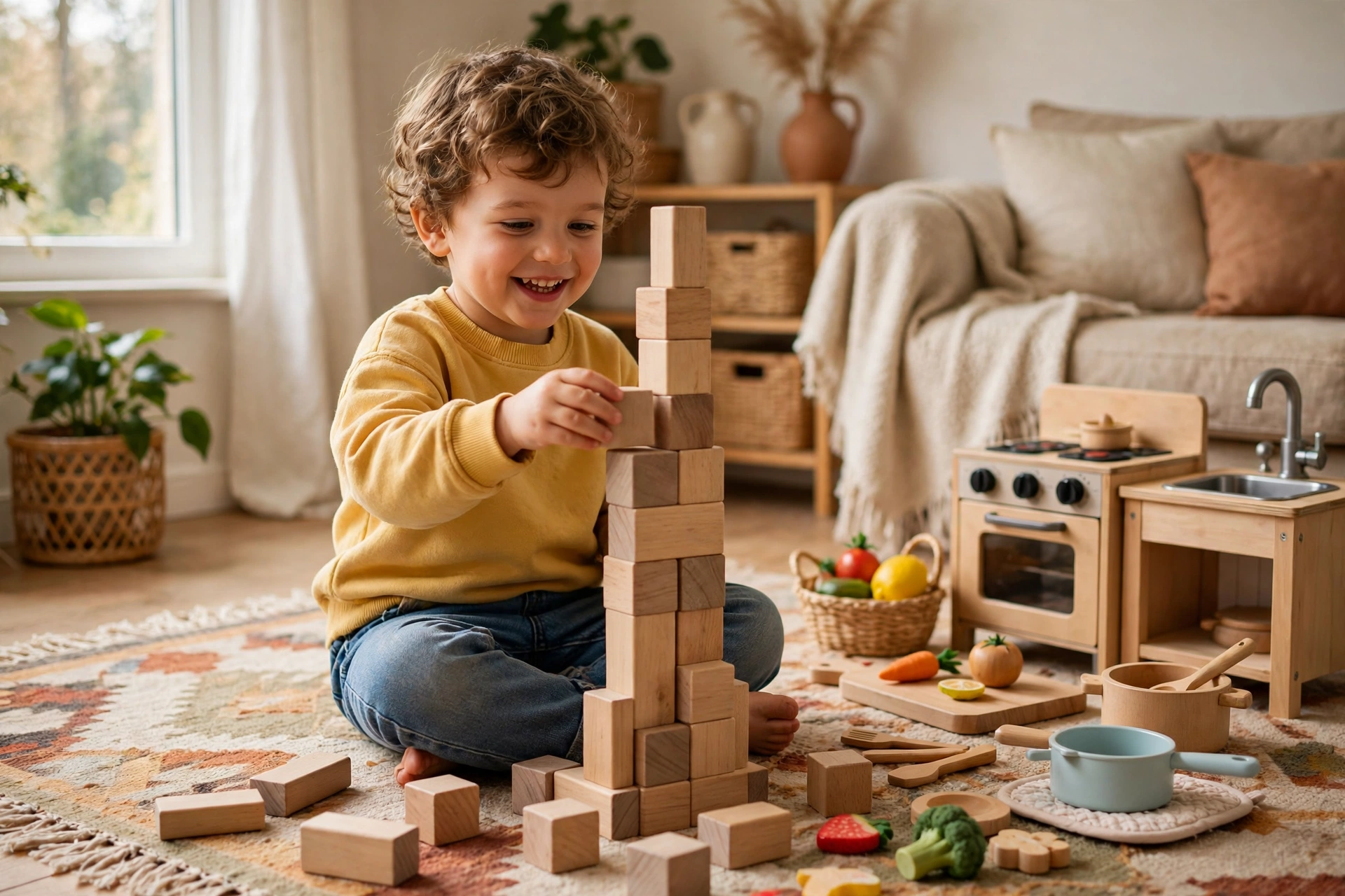 3 year old child building a tall tower with wooden blocks at home