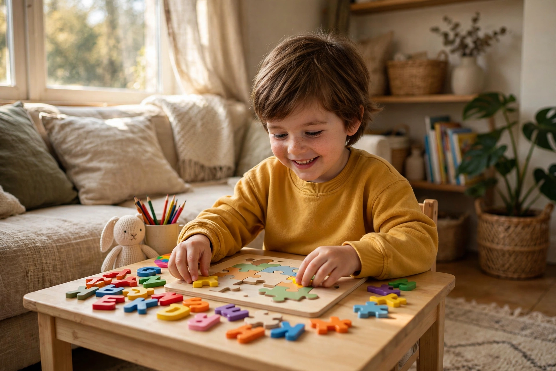 4 year old child doing a puzzle with letter toys at a table at home