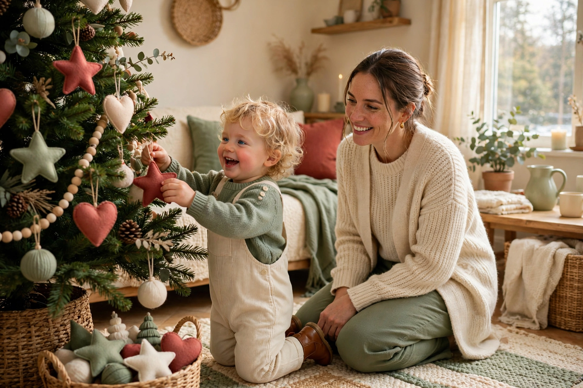 Toddler hanging a soft star ornament on a Christmas tree with a parent nearby