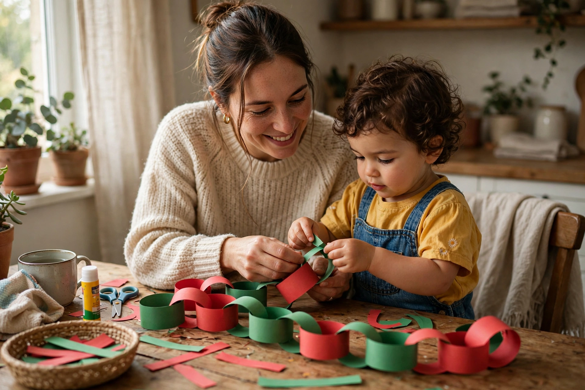 Parent and toddler making a red and green paper chain countdown together at a table
