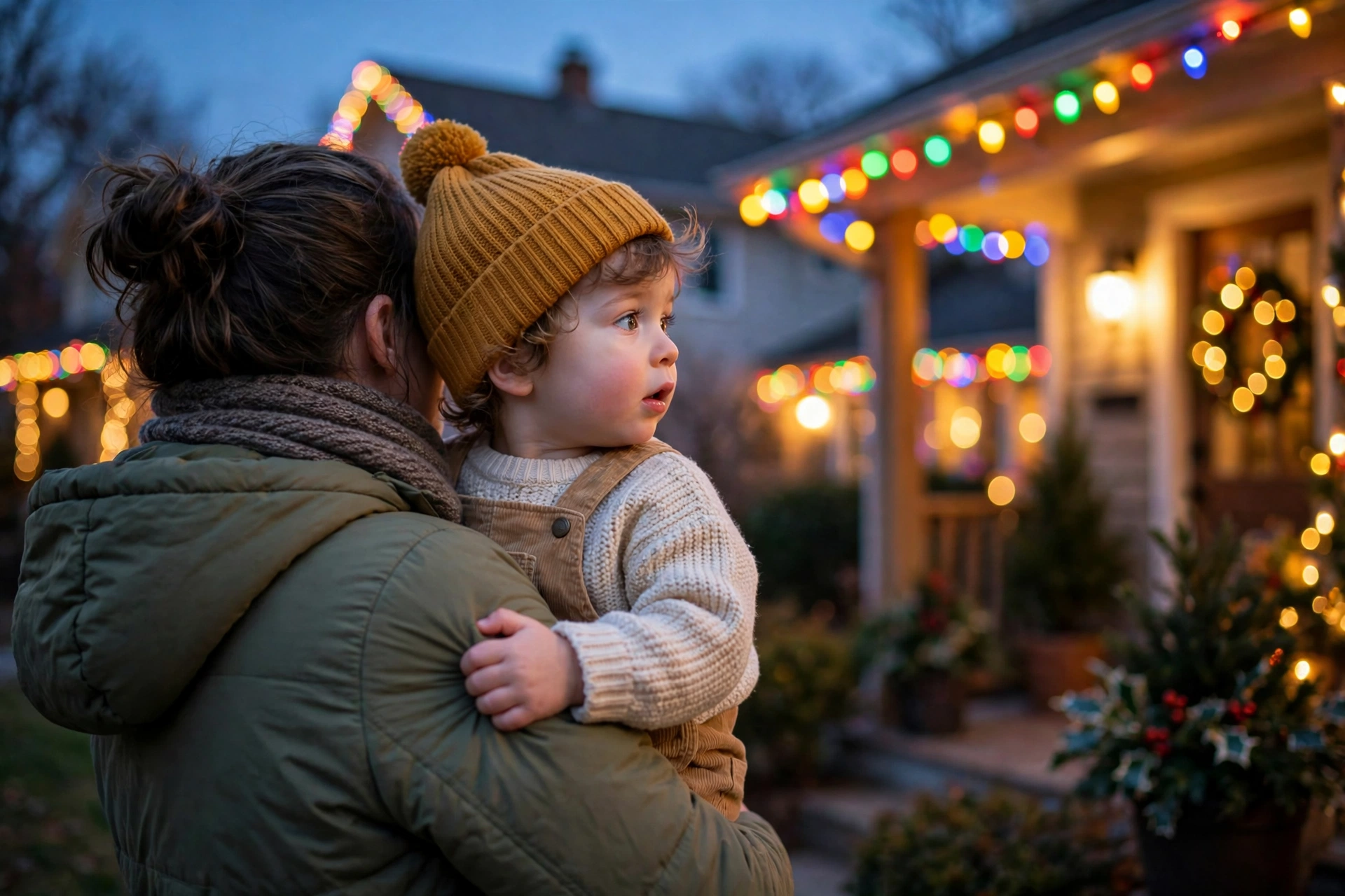 Toddler in a parent's arms looking at colorful Christmas lights on a house at dusk