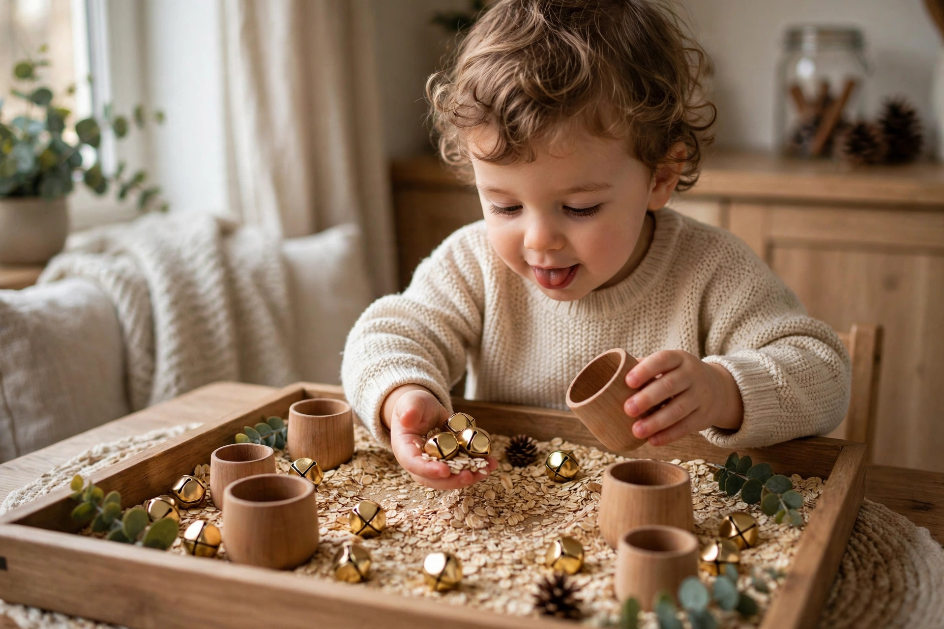 Toddler playing with a Christmas sensory bin of oats, cups and jingle bells on a tray