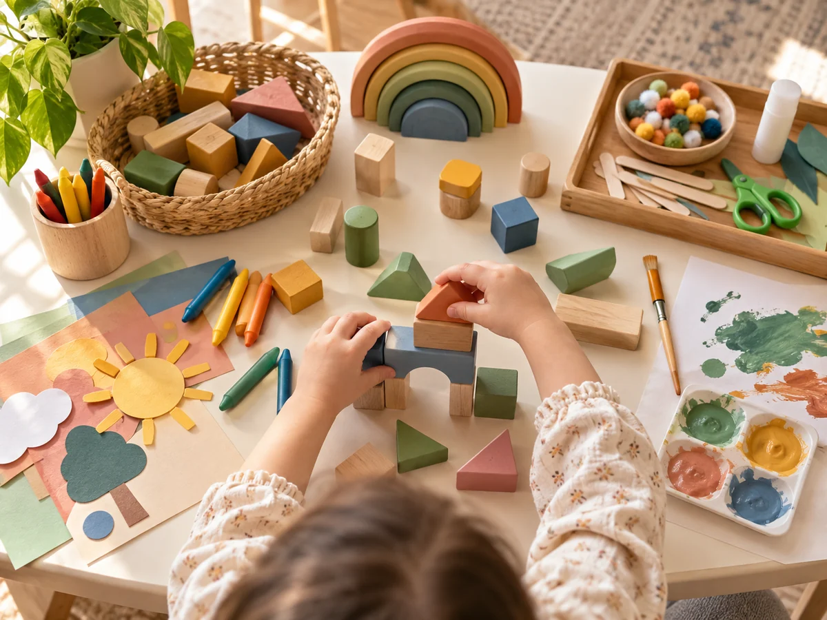 Toddler playing with wooden blocks and simple craft materials at a table