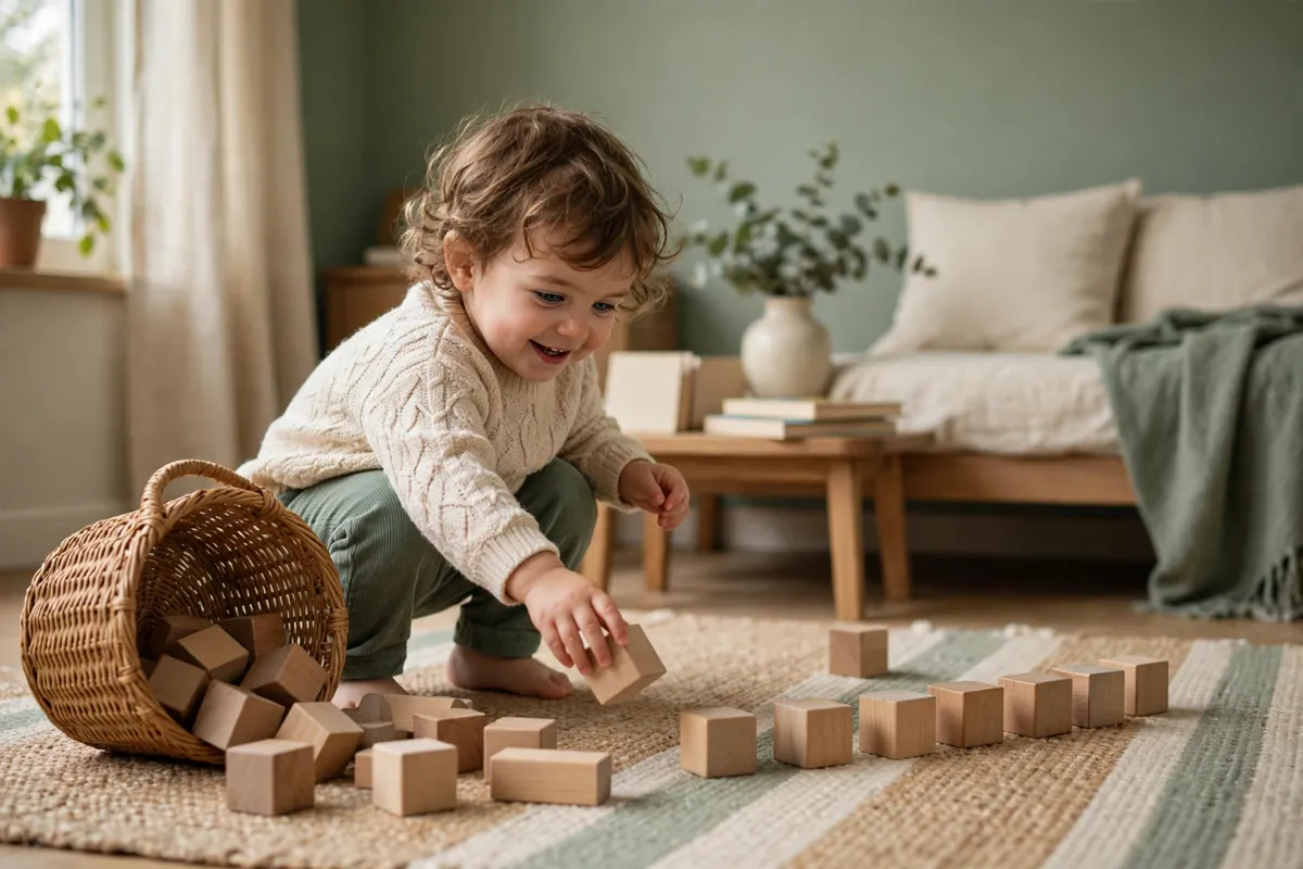 Toddler tipping wooden blocks out of a basket and lining them up at home