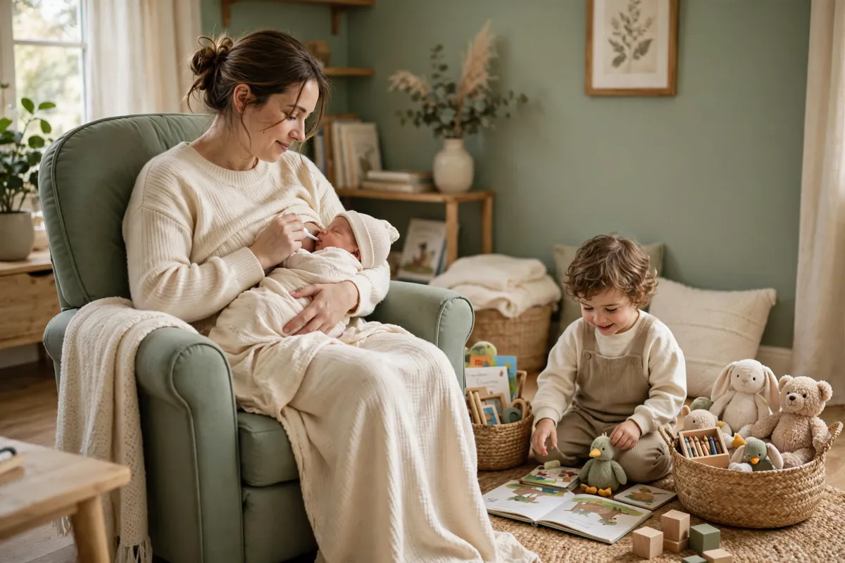 Mother feeding her newborn in a nursing chair while her toddler plays happily on the floor beside her with wooden toys and picture books