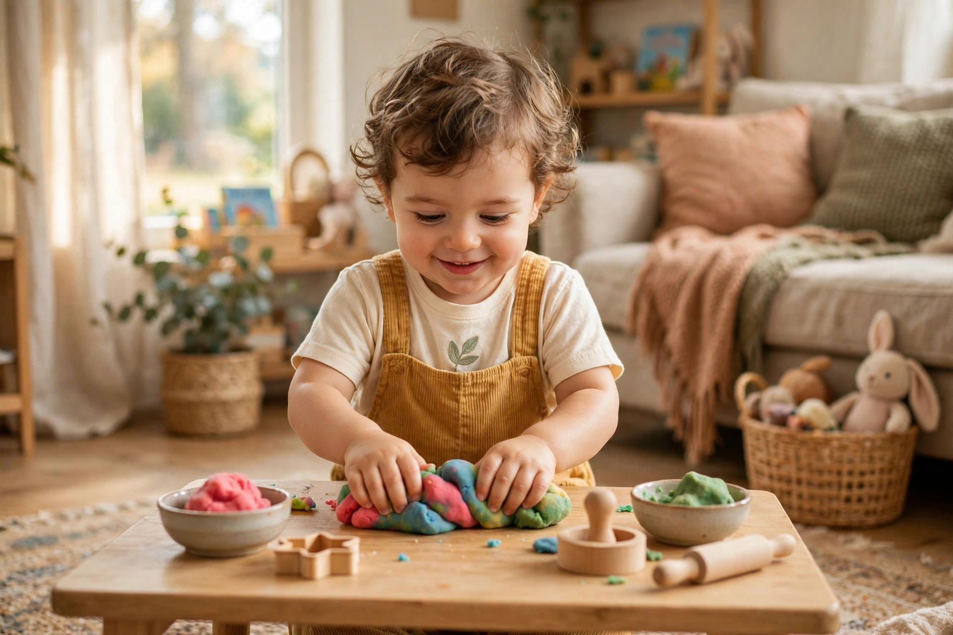Toddler squishing colorful playdough with both hands at a low table at home