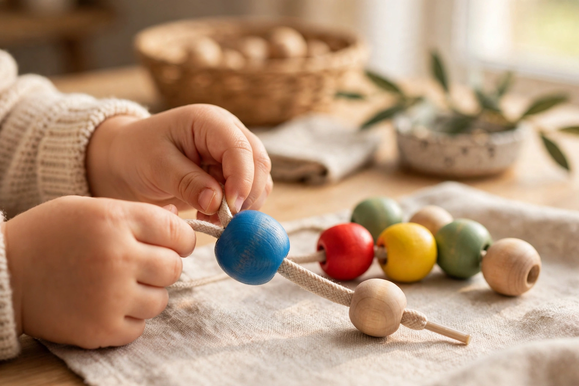 Toddler threading large colorful wooden beads onto a lace