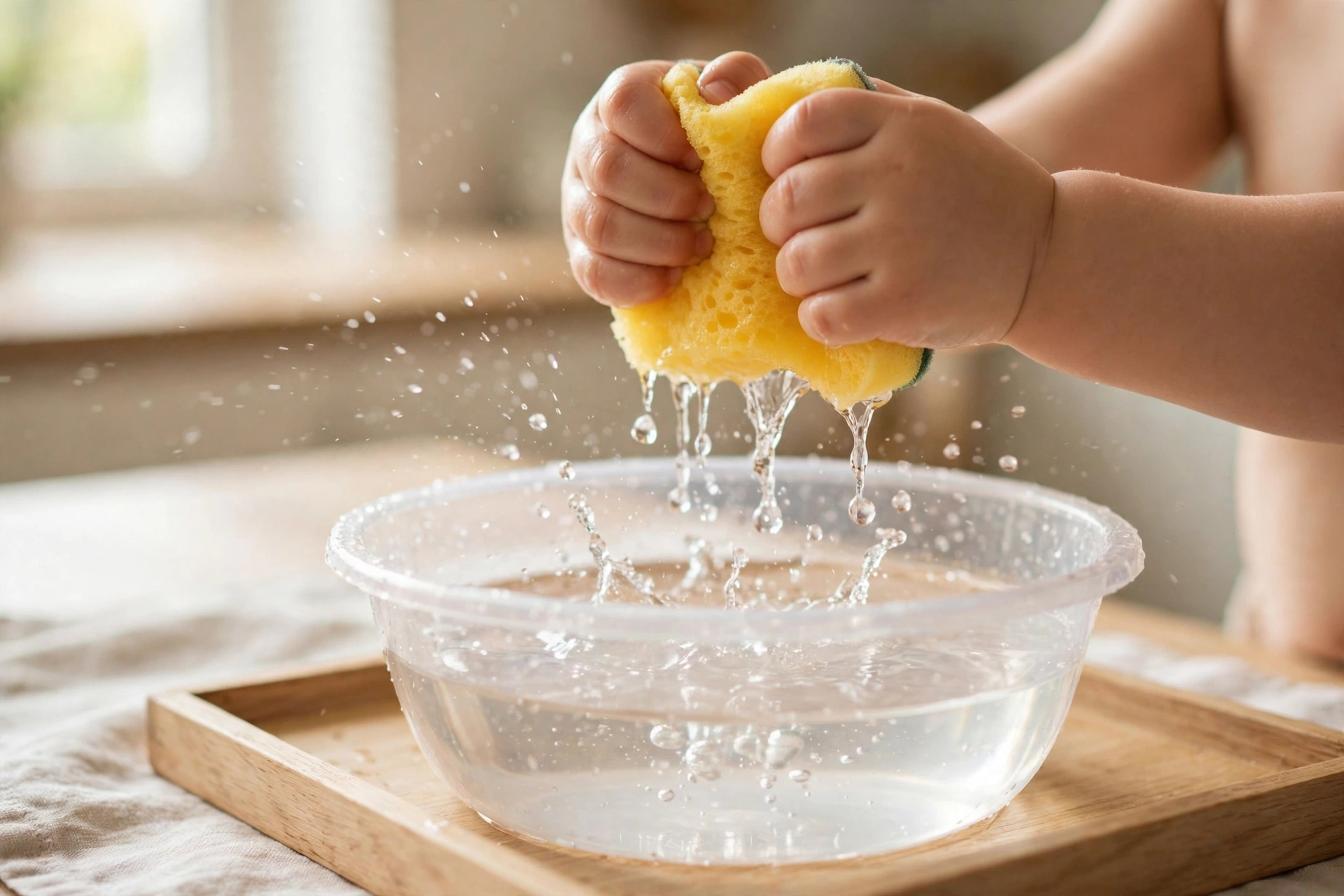 Toddler hands squeezing a yellow sponge over a bowl of water