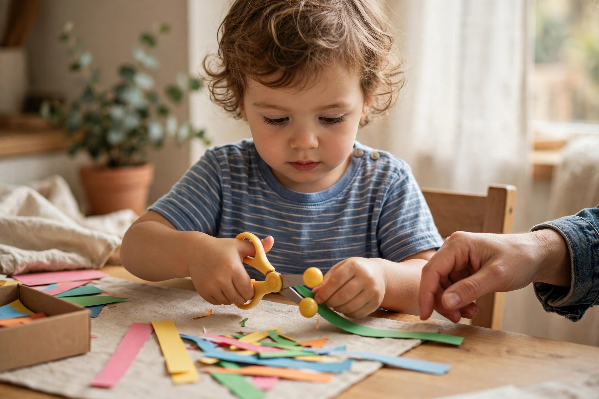 Toddler using yellow child-safe scissors to snip paper strips, with an adult hand nearby
