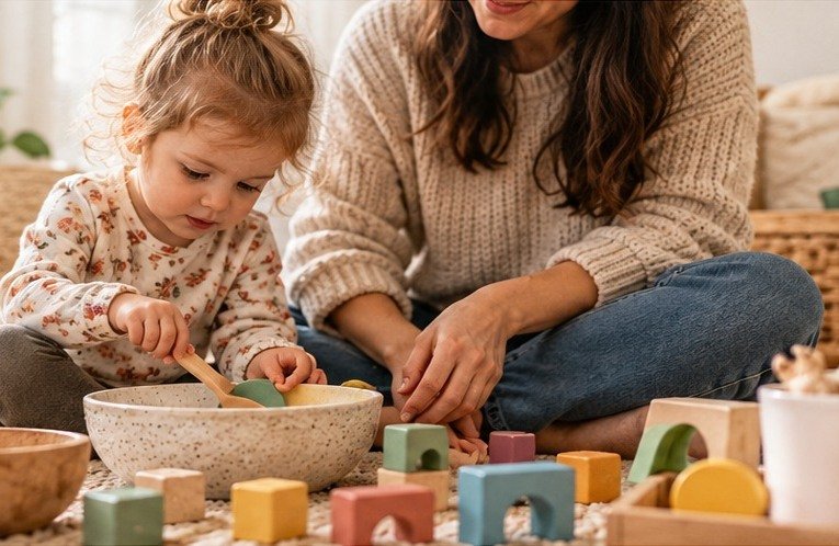 Mother playing with her toddler and wooden blocks at home in the late afternoon