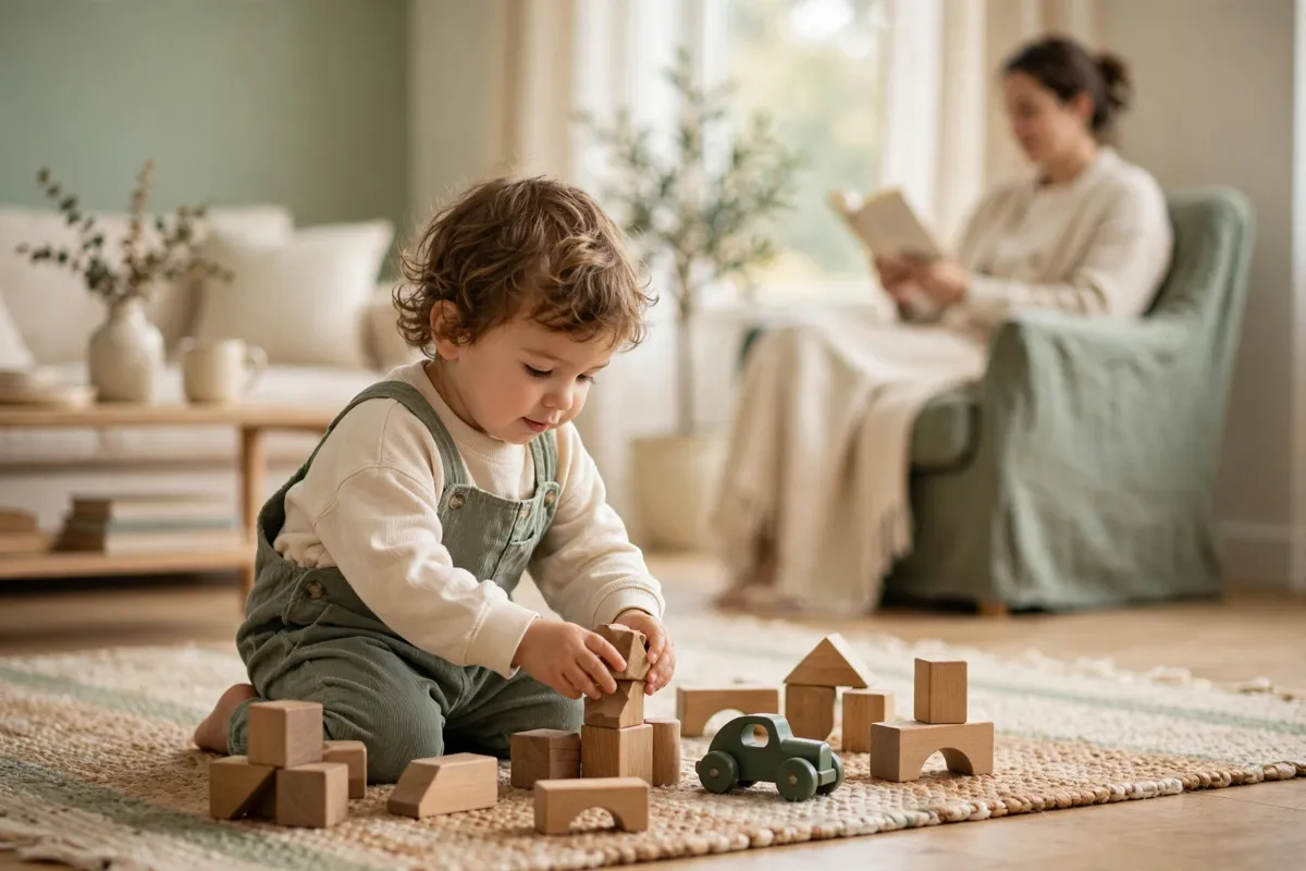 Two year old playing independently with wooden blocks while his mother reads nearby