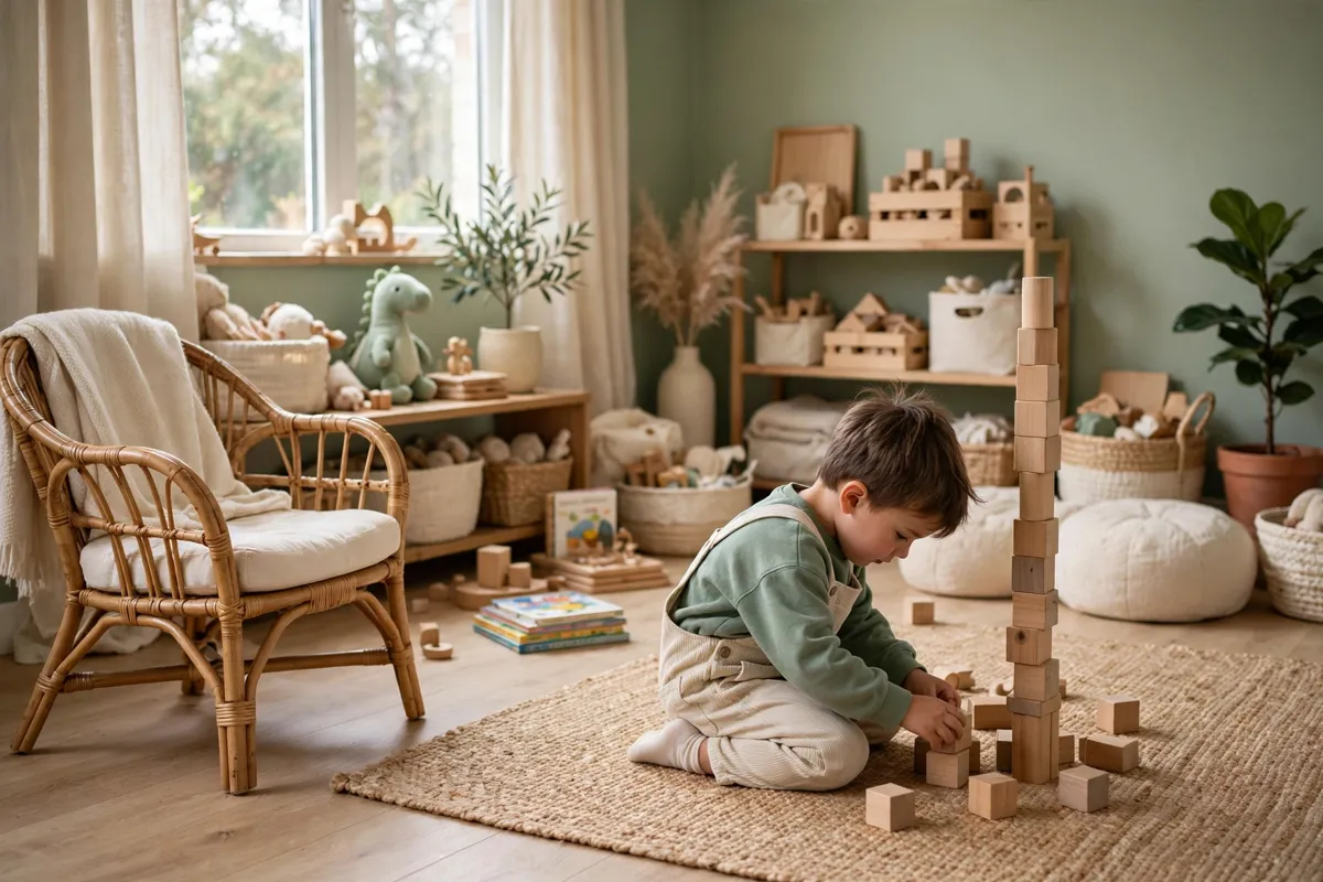 Four year old building a tall block tower, absorbed in independent play