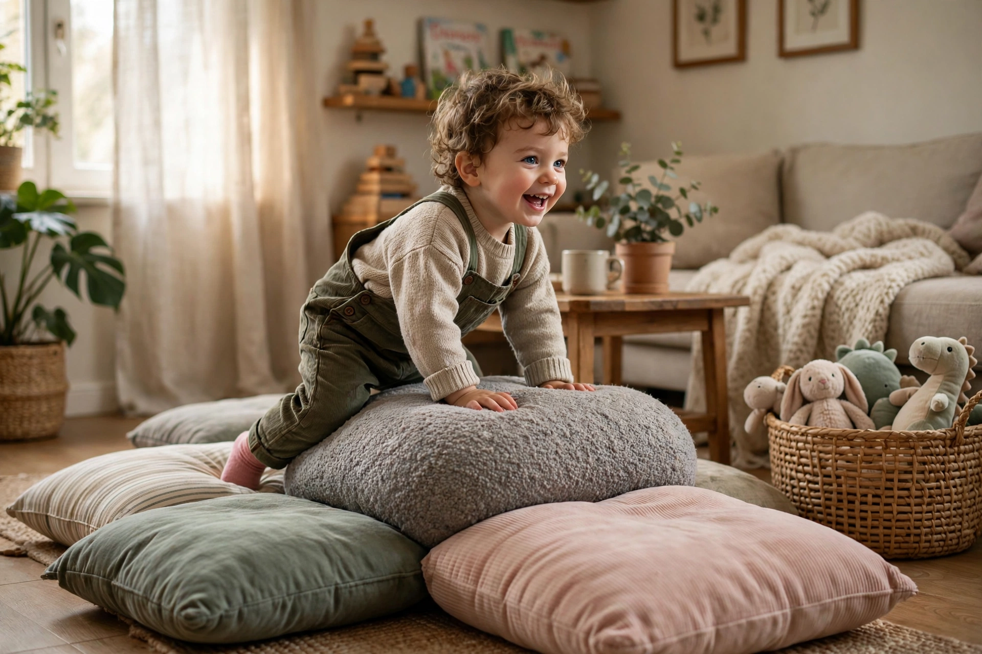 Toddler climbing over a cushion obstacle course in a living room at home