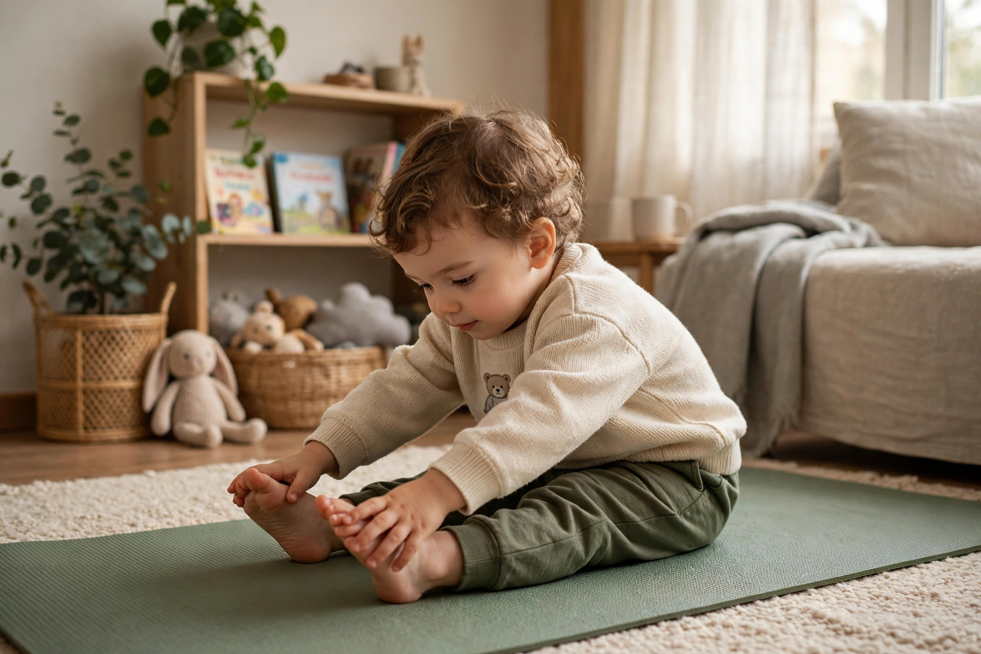 Toddler doing slow stretching movements on a mat in a calm living room