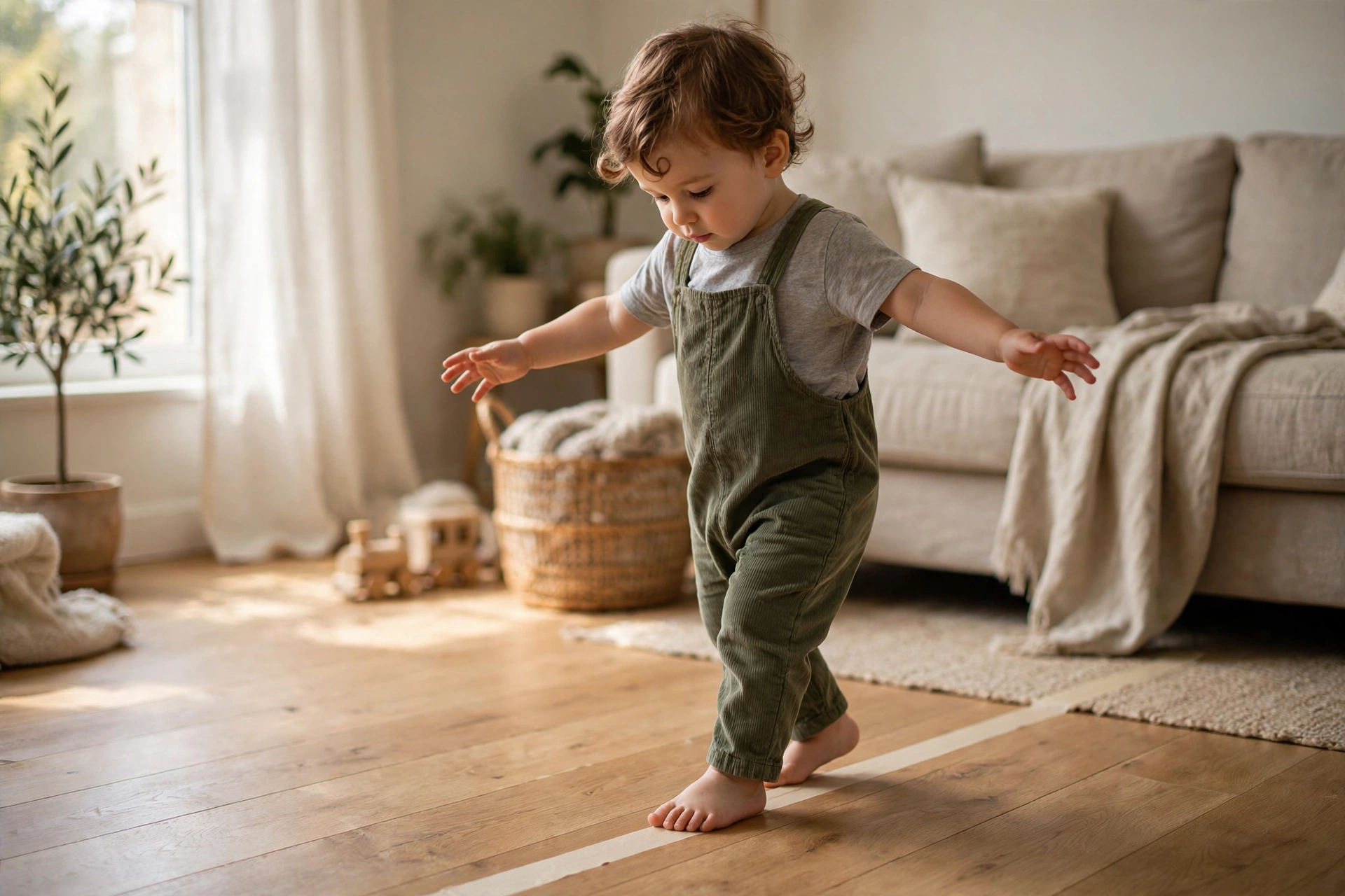 Toddler walking carefully along a masking tape balance line on the floor
