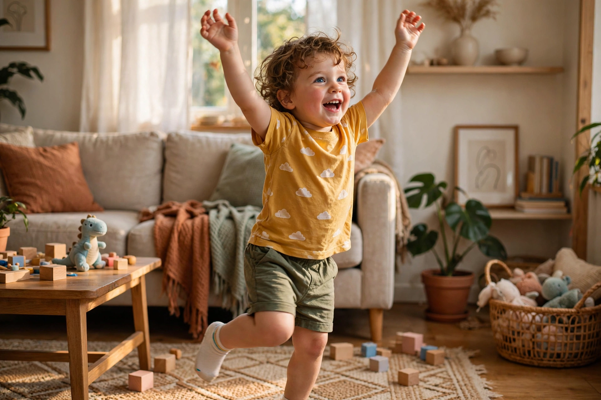 Toddler dancing energetically with arms up in a living room dance party