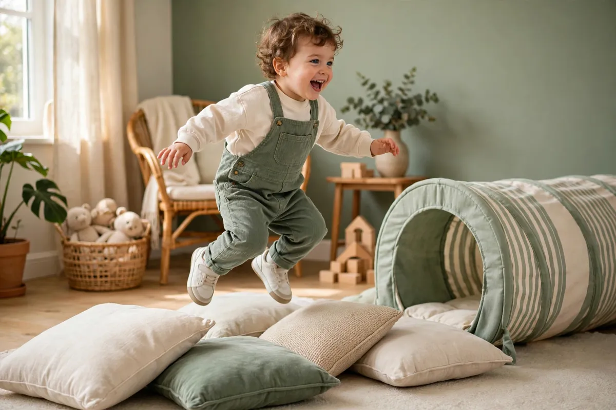 Toddler jumping between cushions and crawling through a play tunnel indoors