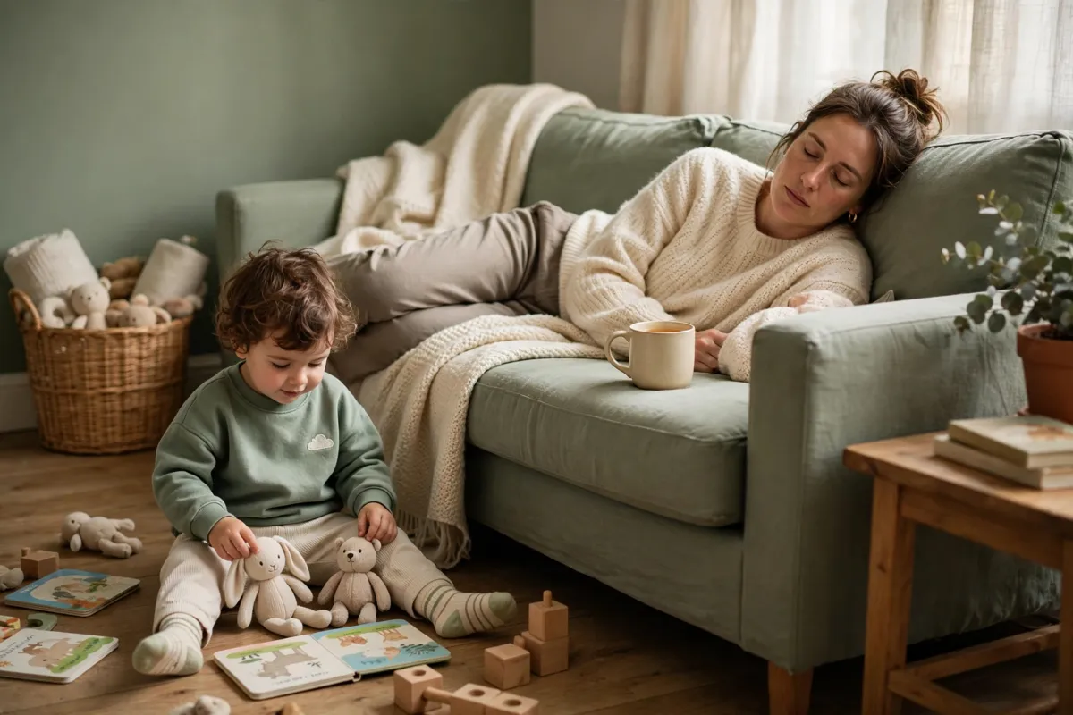 Tired parent resting on a sofa while her toddler plays on the floor in front of her