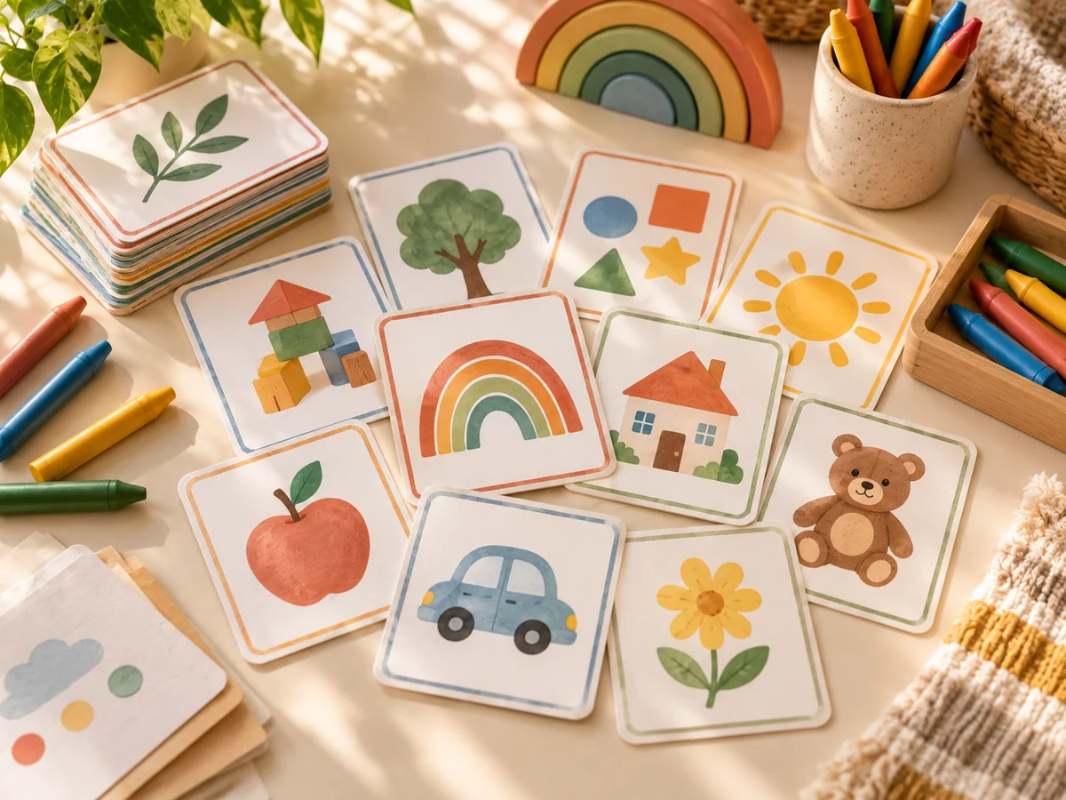 Printable toddler activity cards with simple colorful illustrations arranged on a table