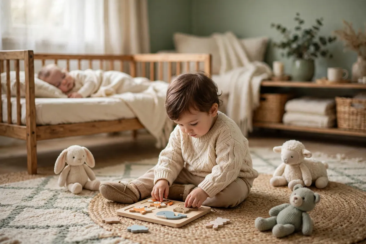 Toddler doing a puzzle quietly while a baby sleeps in a cot behind