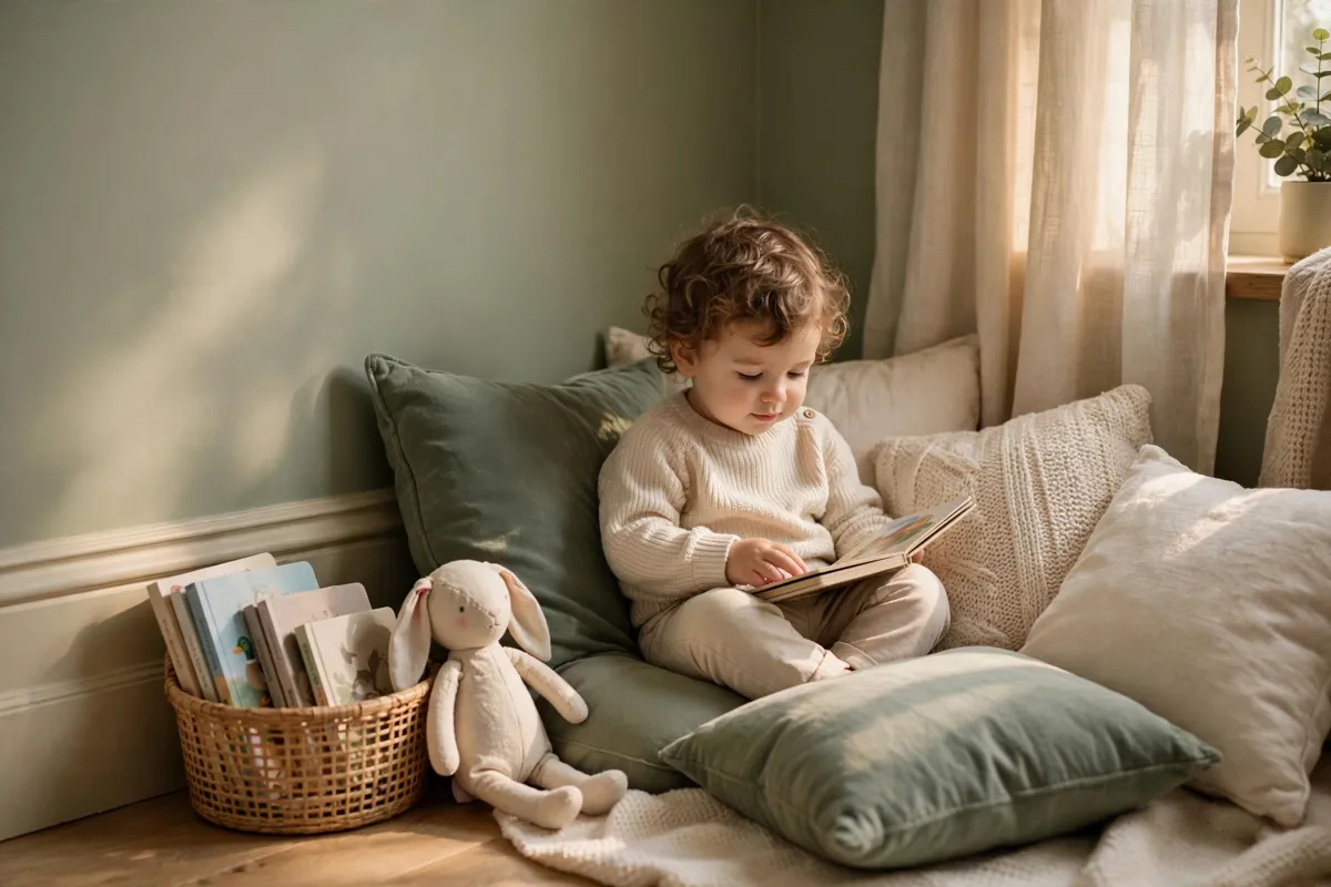 Two year old having quiet time with board books and a stuffed bunny in a cushion corner