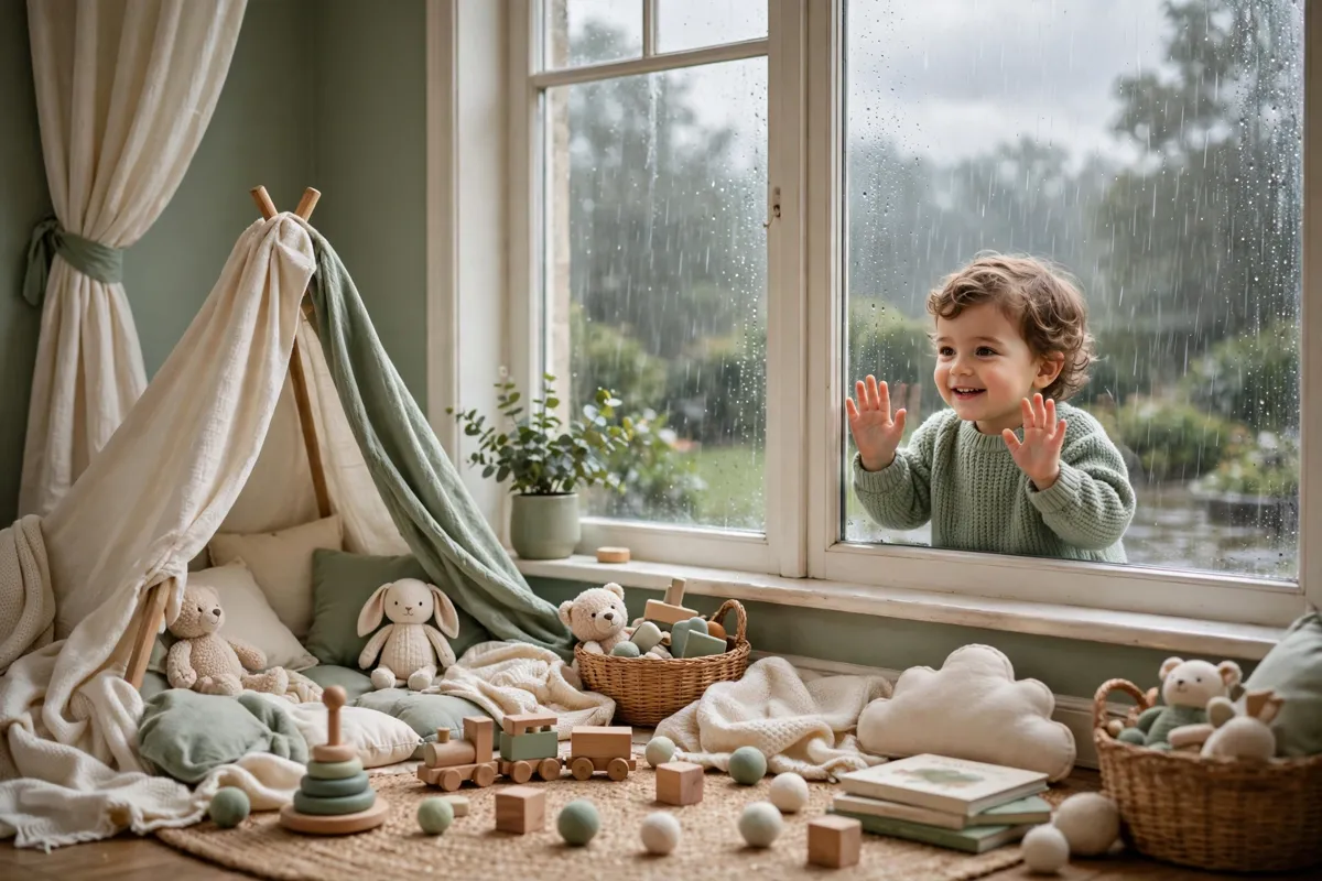 Toddler watching rain at a window with a blanket den and toys nearby
