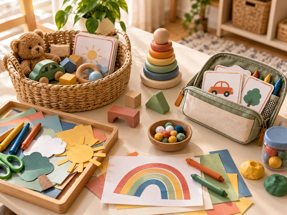 A toddler busy bag with activity cards, crayons and small toys ready for a restaurant or waiting room