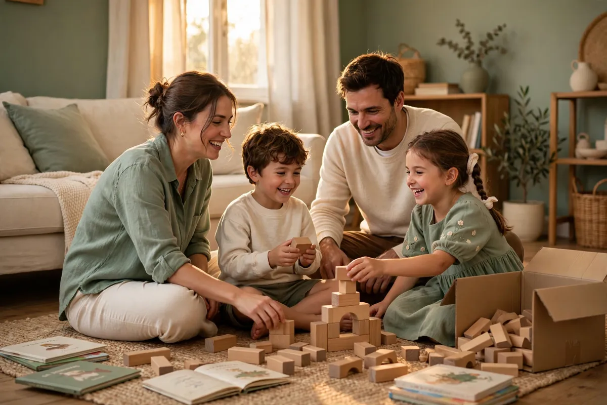 Family playing together on the floor with wooden blocks and books, no screens