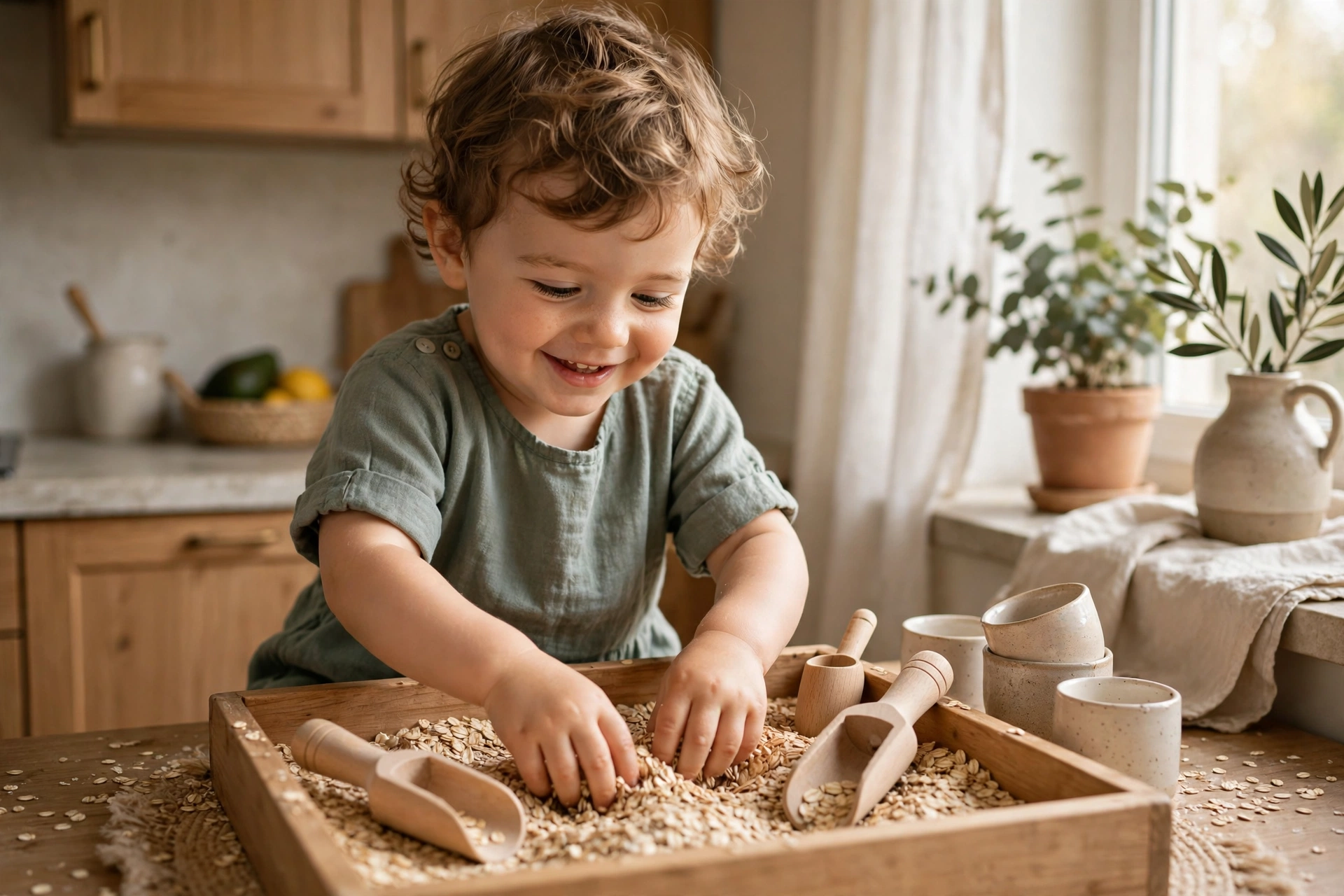 Toddler playing with a sensory bin of dry oats with wooden scoops and cups at home