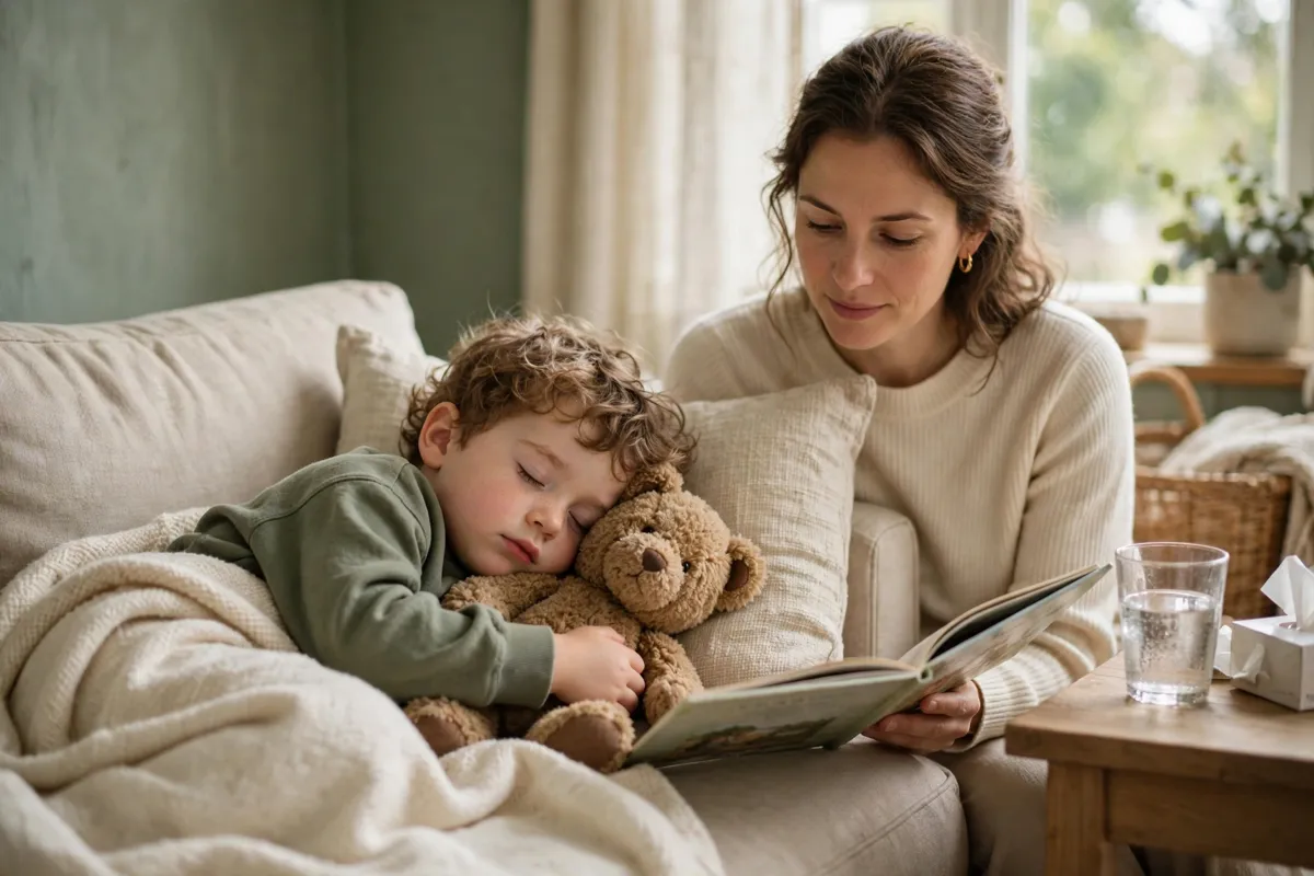 Unwell toddler resting on a sofa under a blanket with a teddy bear while his mother reads beside him