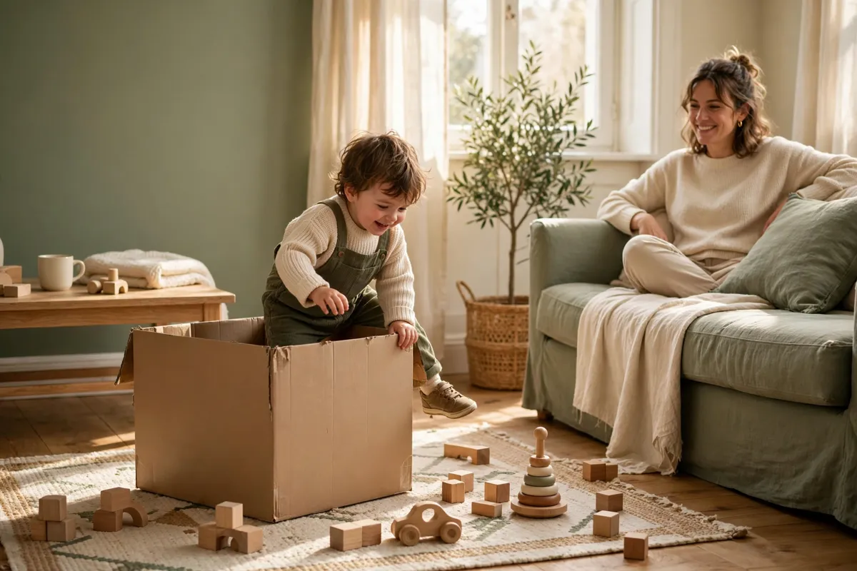 Toddler climbing into a big cardboard box surrounded by wooden toys while his mother watches smiling