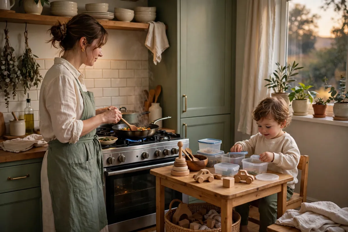 Mother cooking dinner at the stove while her toddler plays safely nearby with containers and lids at a small table