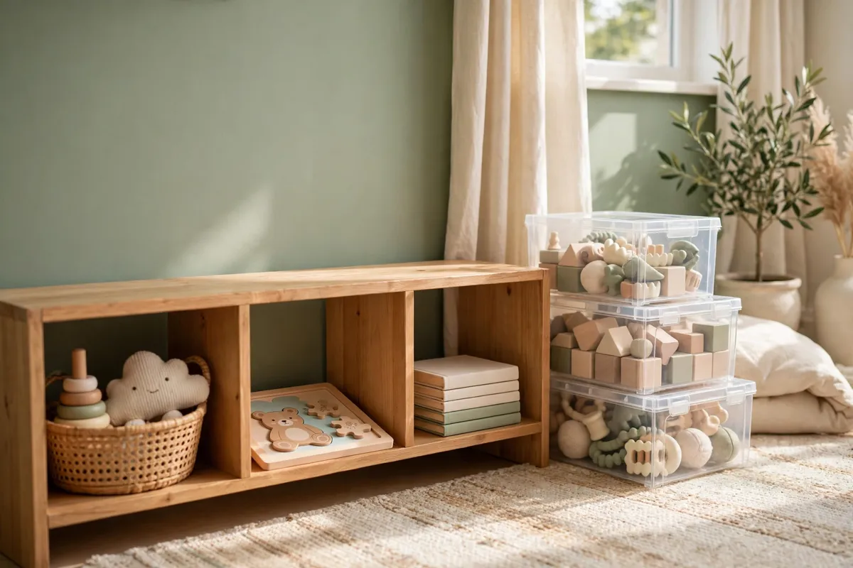 Low wooden shelf with a few toddler toys in baskets and clear storage boxes of rotated toys beside it