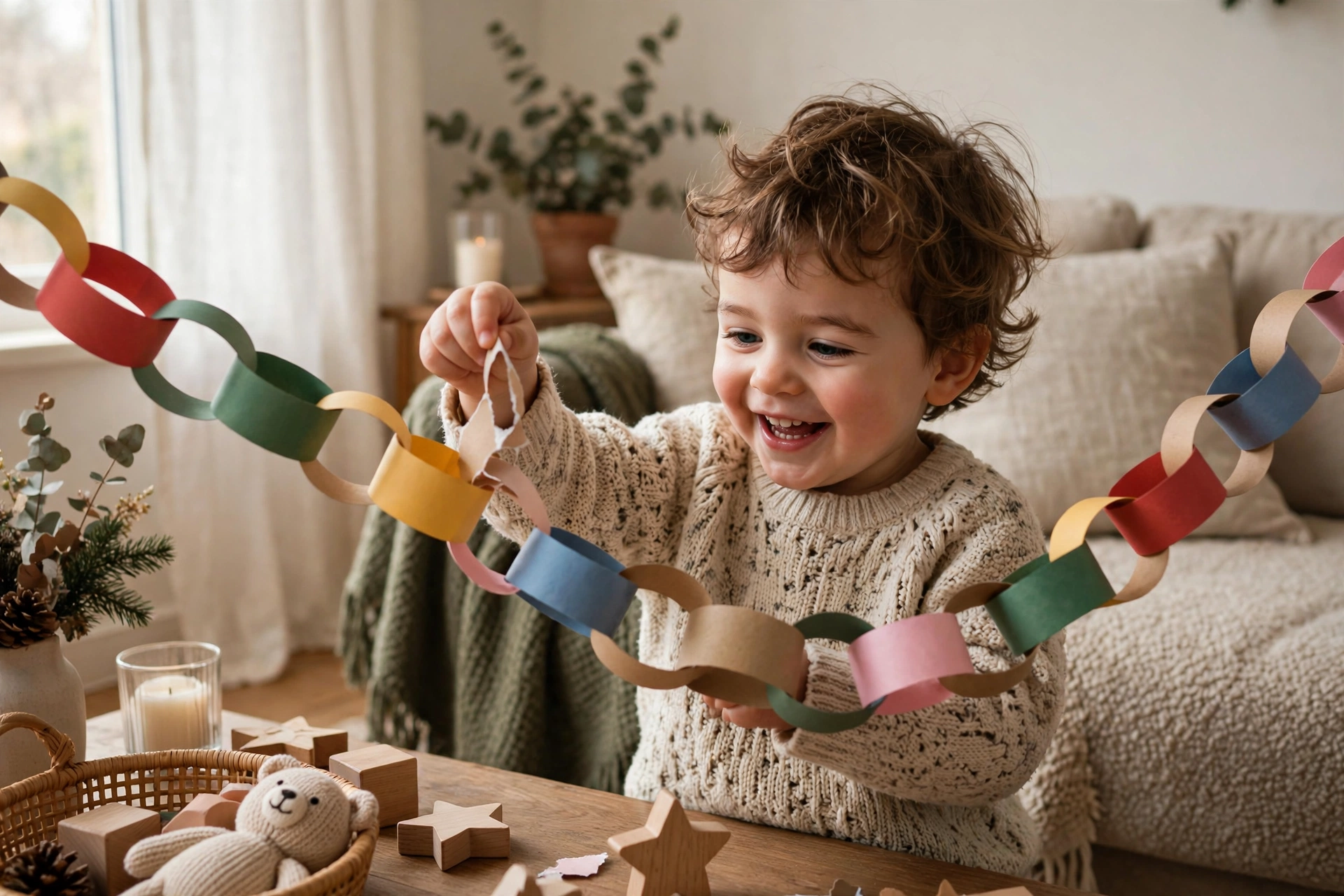 Toddler tearing a paper loop off a colorful Christmas paper chain countdown with a parent