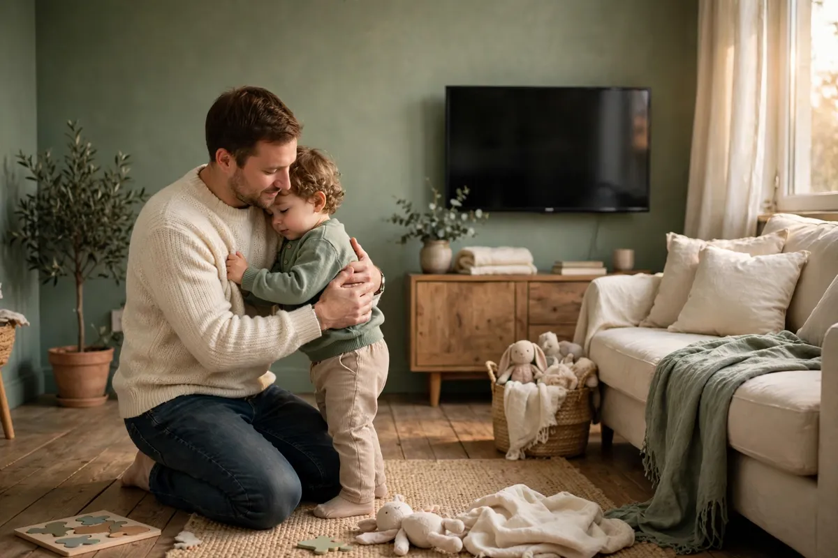 Parent kneeling at her toddler's level offering comfort after the television has been turned off