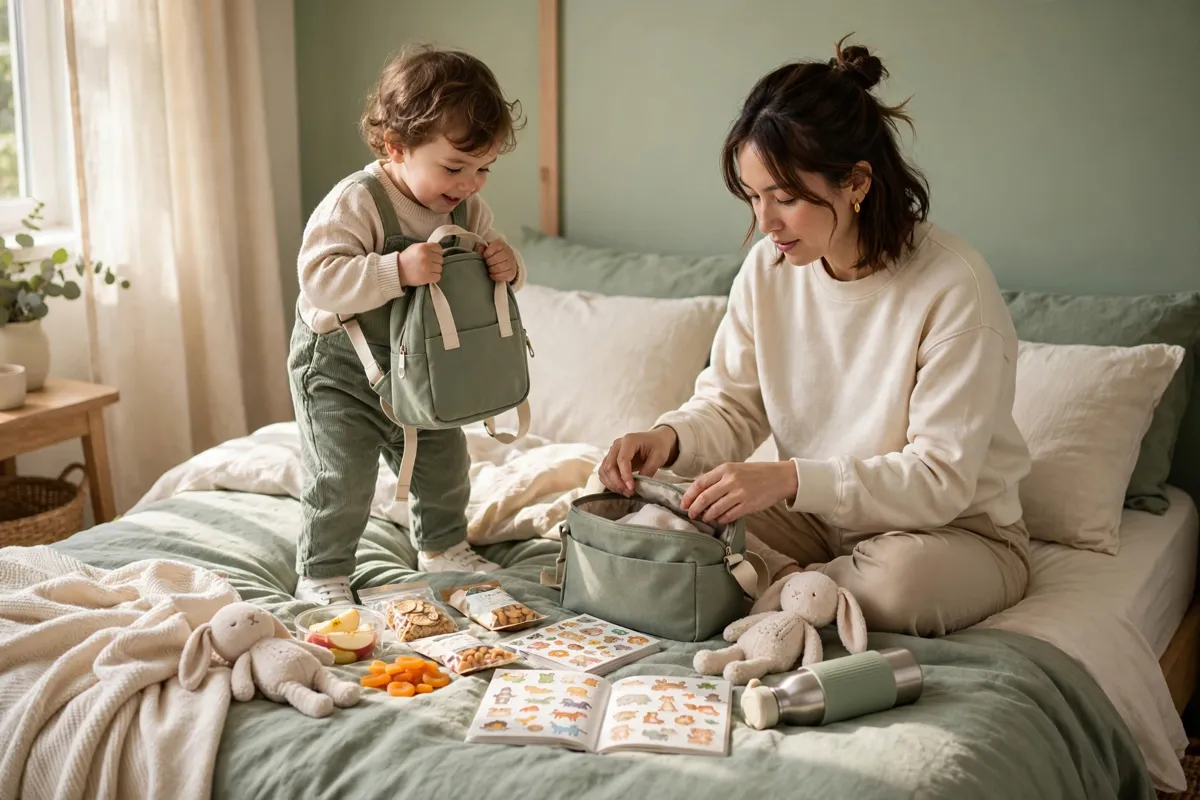Parent packing a toddler travel bag while her toddler holds a small backpack