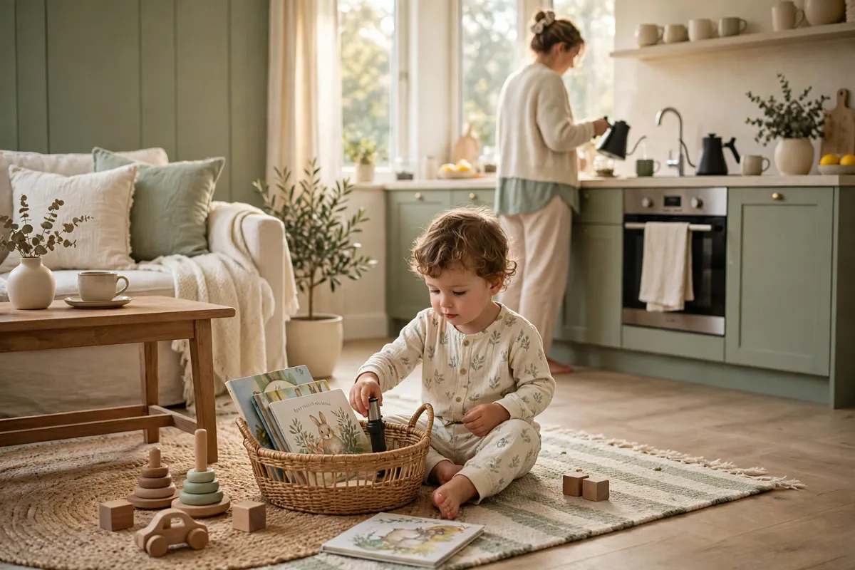 Toddler in pyjamas playing with a morning basket of books and wooden toys while his mother makes tea