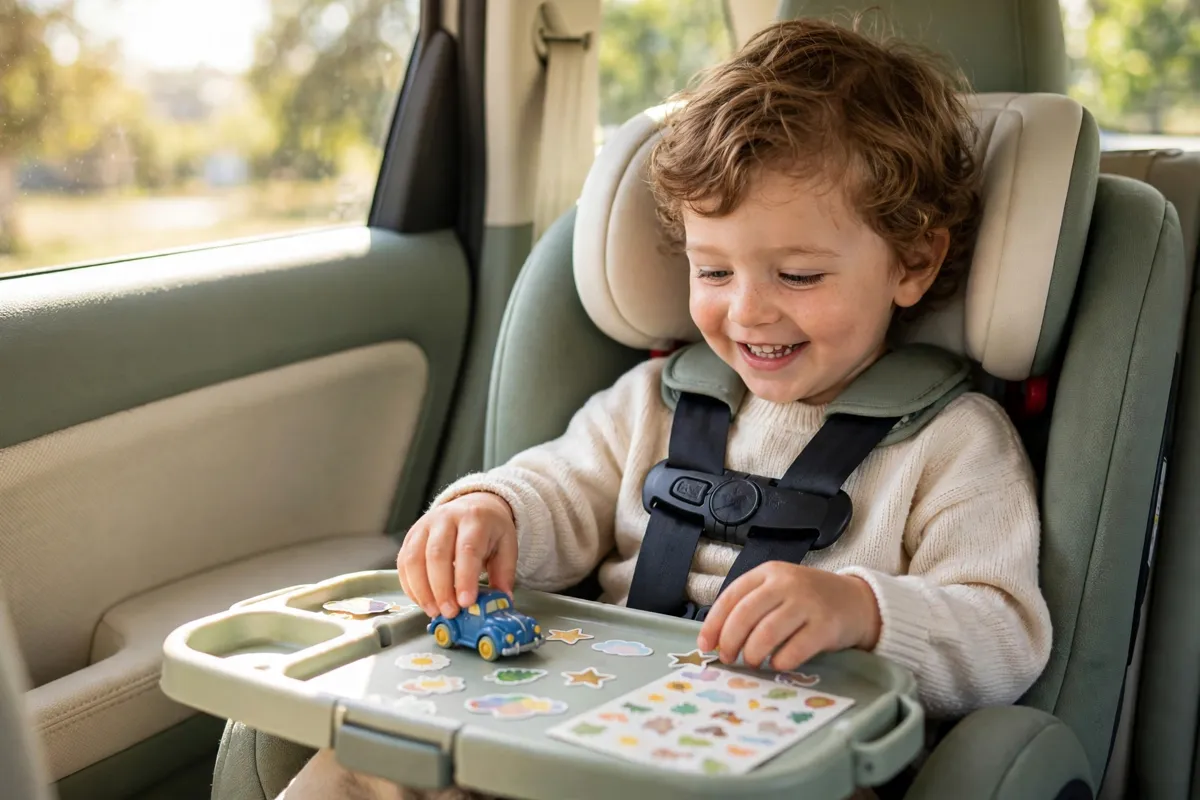 Three year old in a car seat playing with stickers and a toy car on a travel tray