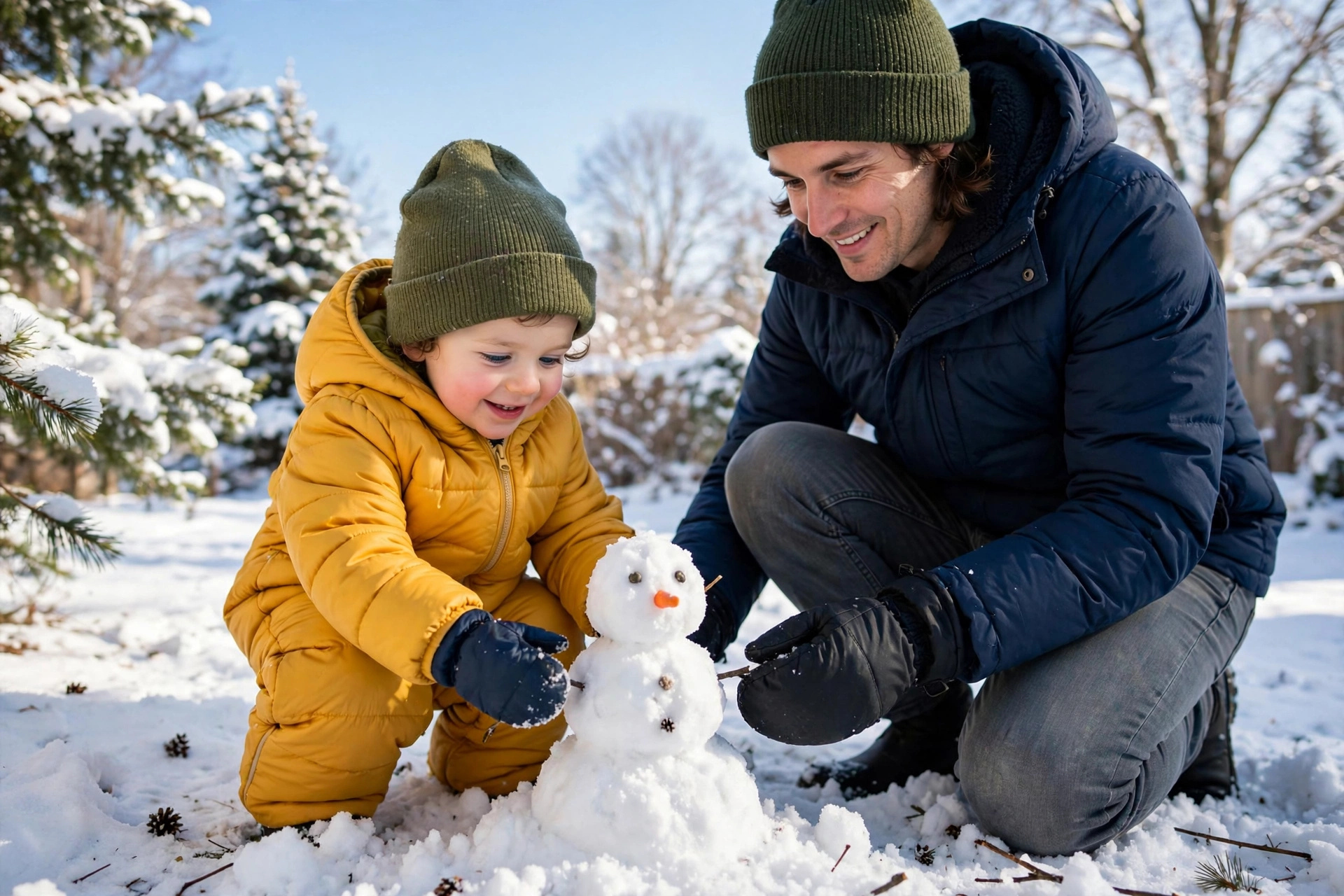 Toddler in a yellow snowsuit building a small snowman with a parent in the snow