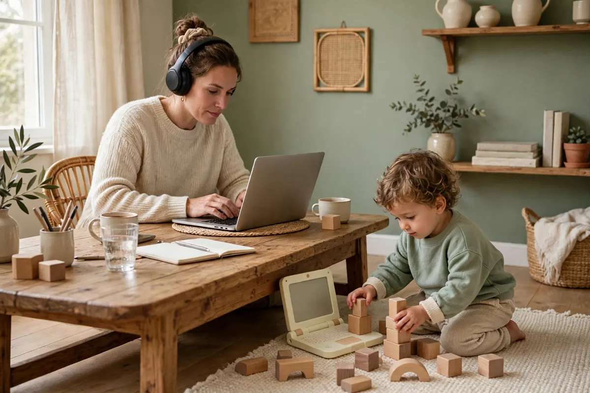 Mother working on a laptop with headphones on while her toddler plays with wooden blocks and a toy laptop beside her